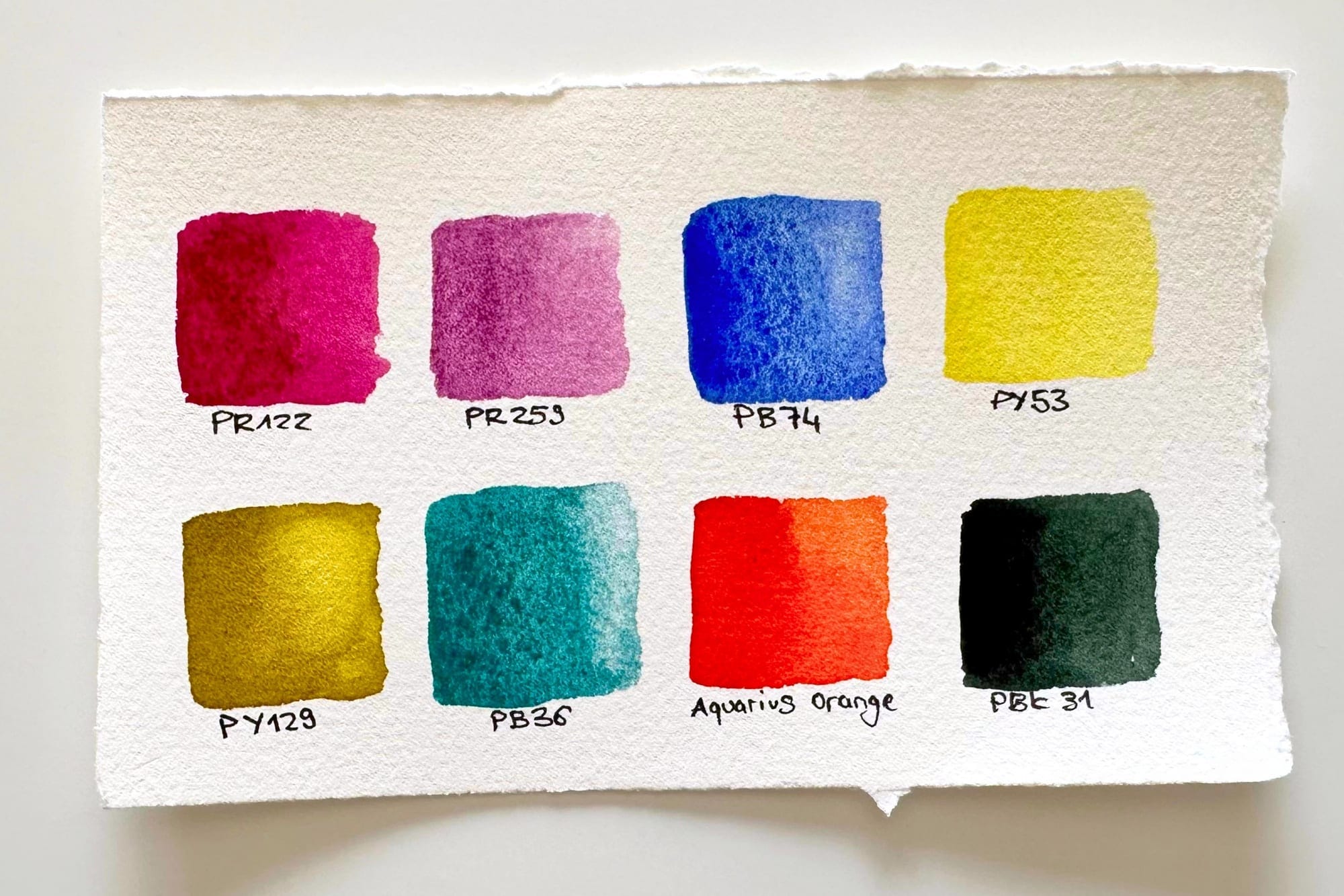 Acht einzelne Pigment-Swatches mit ihren Farbindex-Bezeichnungen