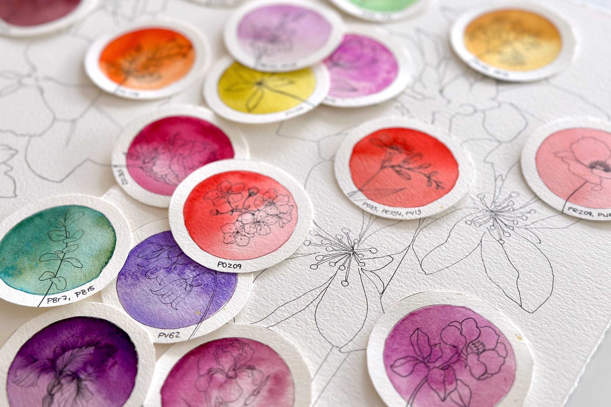 Botanische Swatchkarten mit Blüten-Zeichnungen und Pigment-Bezeichnungen
