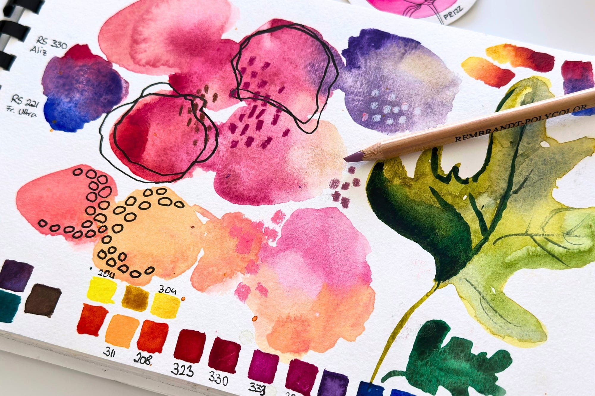 Skizzenbuchseite mit abstrakten Aquarell-Farbflächen und Fineliner-Details
