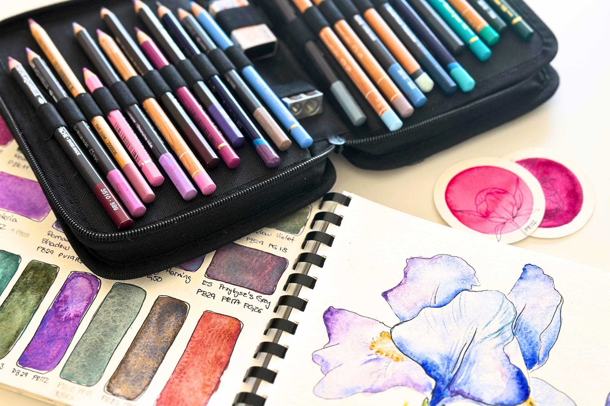 Etui mit Aquarellstiften und ein Skizzenbuch mit Iris-Studie