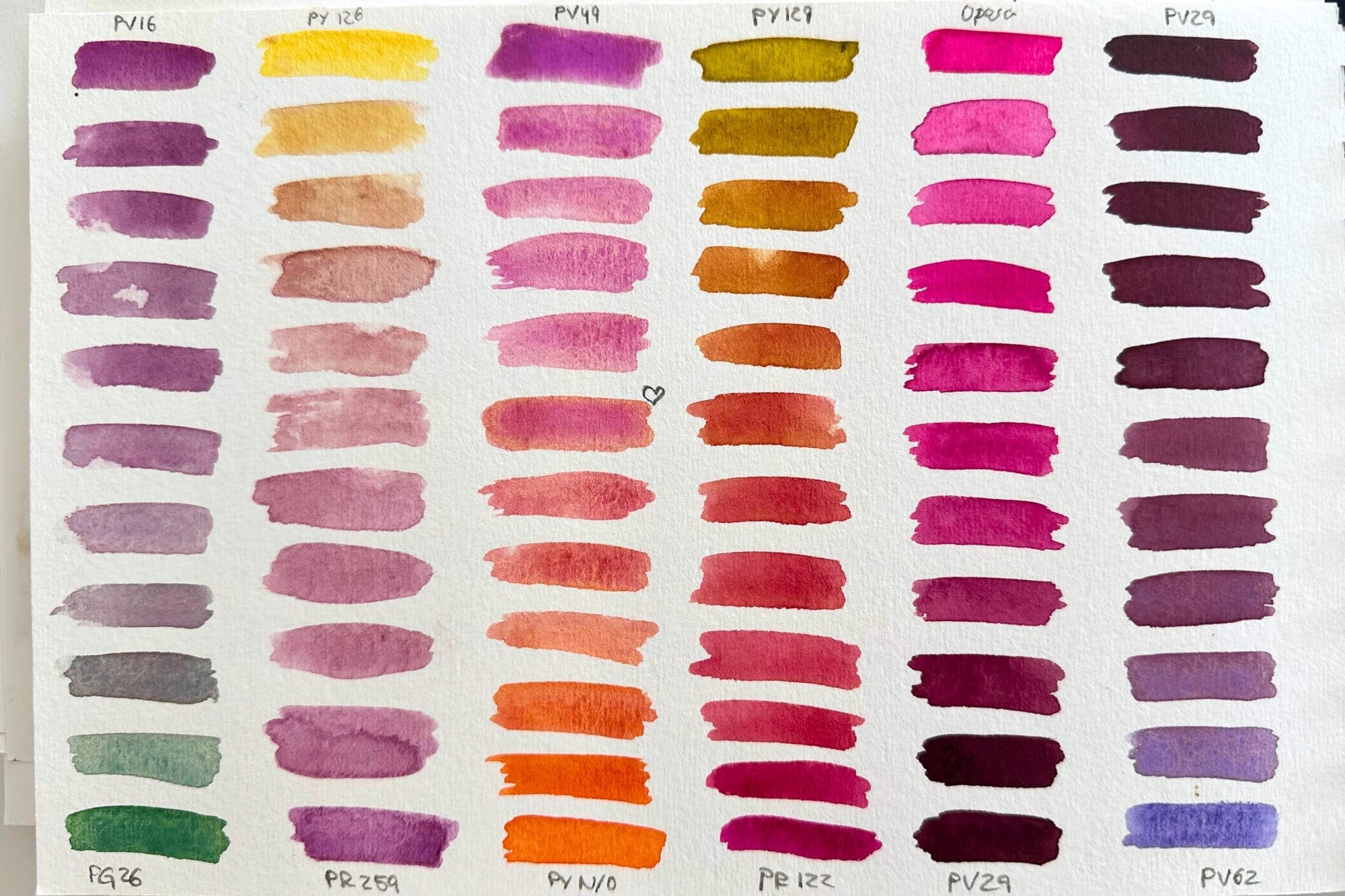 Zahlreiche Aquarellfarben in feinen Abstufungen von kräftig bis zart