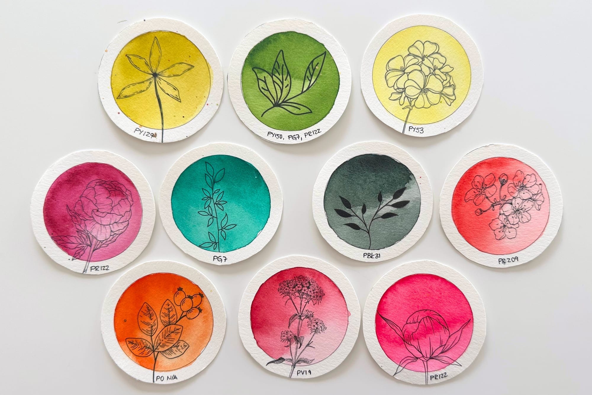 Swatch-Karte der zehn meistgenutzten Farben, jeweils mit Pigment-Bezeichnung