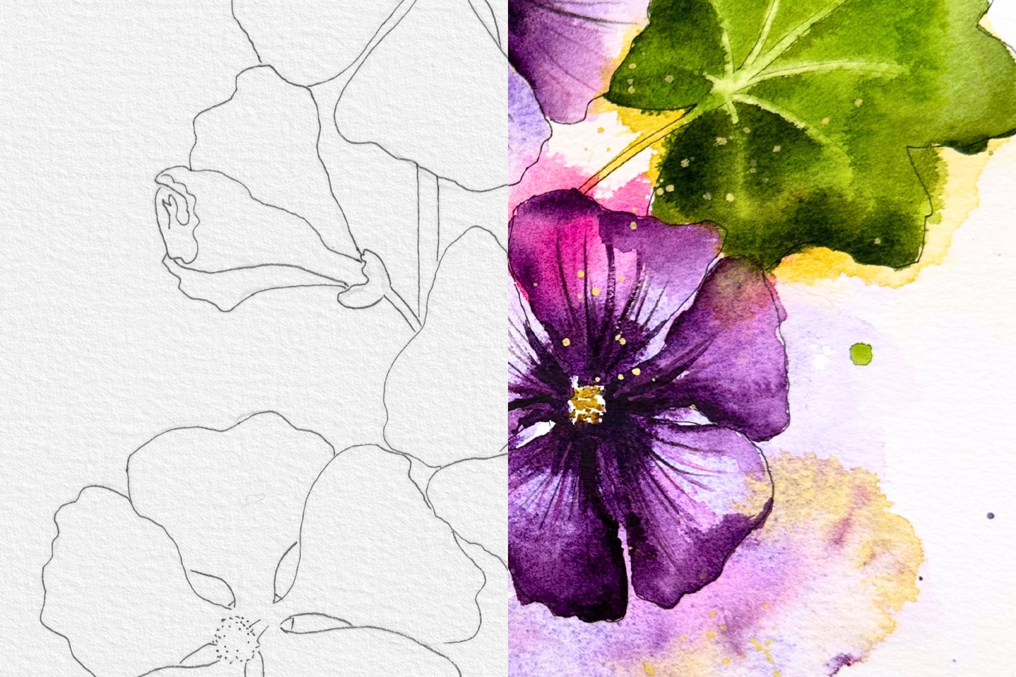 Links die nackte Outline, rechts das fertige Aquarell mit Farbe über den Linien
