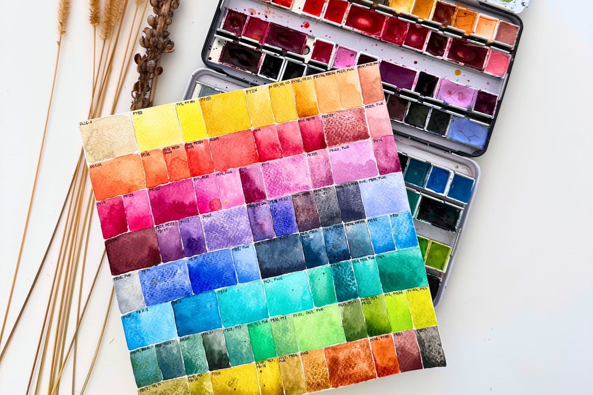 Selbst gemalte Farbtabelle mit vielen Pigment-Swatches neben zwei Aquarellkästen