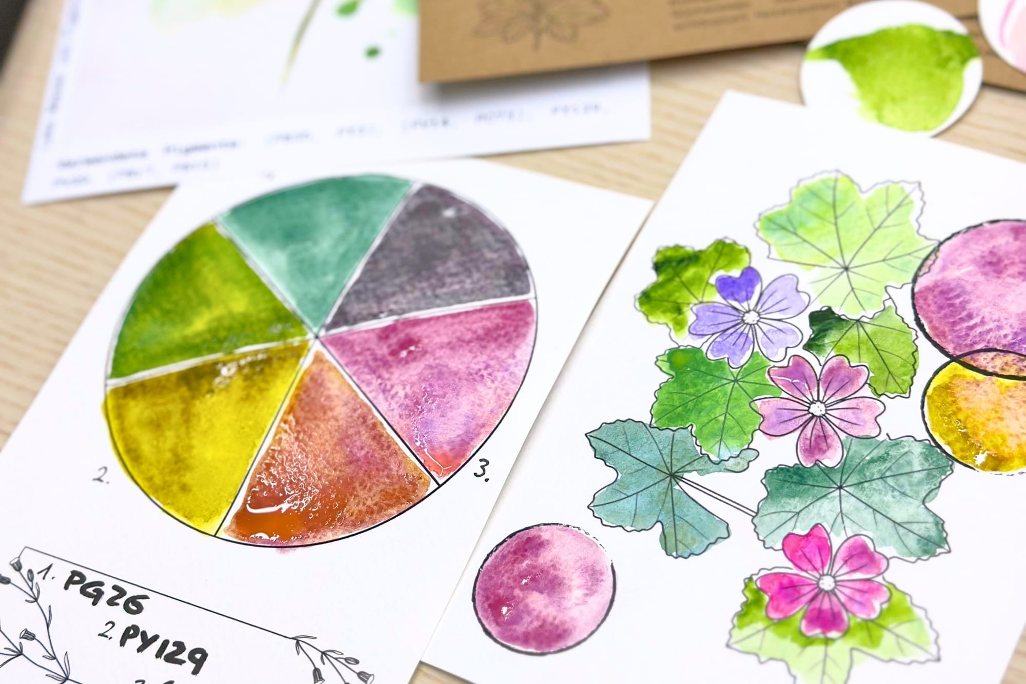 Nahaufnahme des Farbkreises und des Swatch-Motivs mit Storchschnabel-Blüten